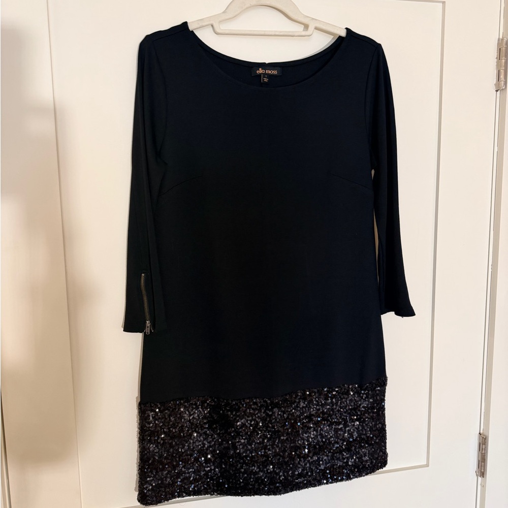 Ella Moss Black Long-Sleeve Shift Dress with Sequin Hem